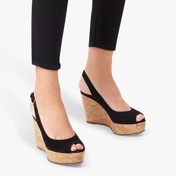 Stuart Weitzman Jean Black Leather Cork Wedge Platform Sandals  Summer Heels 9.5 - Picture 3 of 9